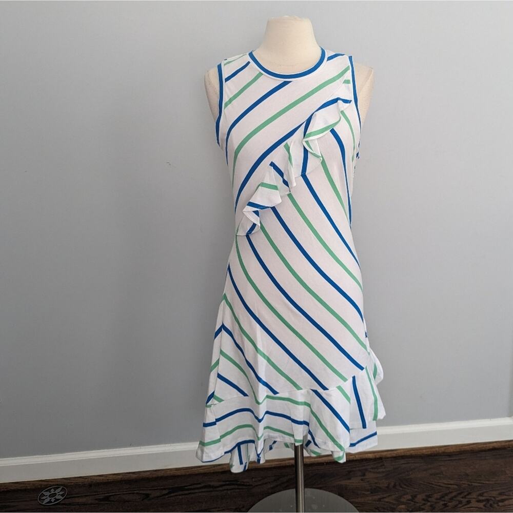 NEW Parker Bodycon Stripe Ruffle Dress White Blue Green Large - Picture 2 of 10